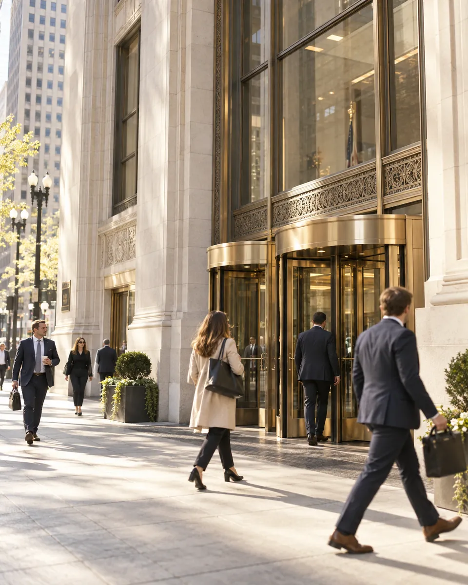 The limestone entrance of 224 South LaSalle Street in morning light