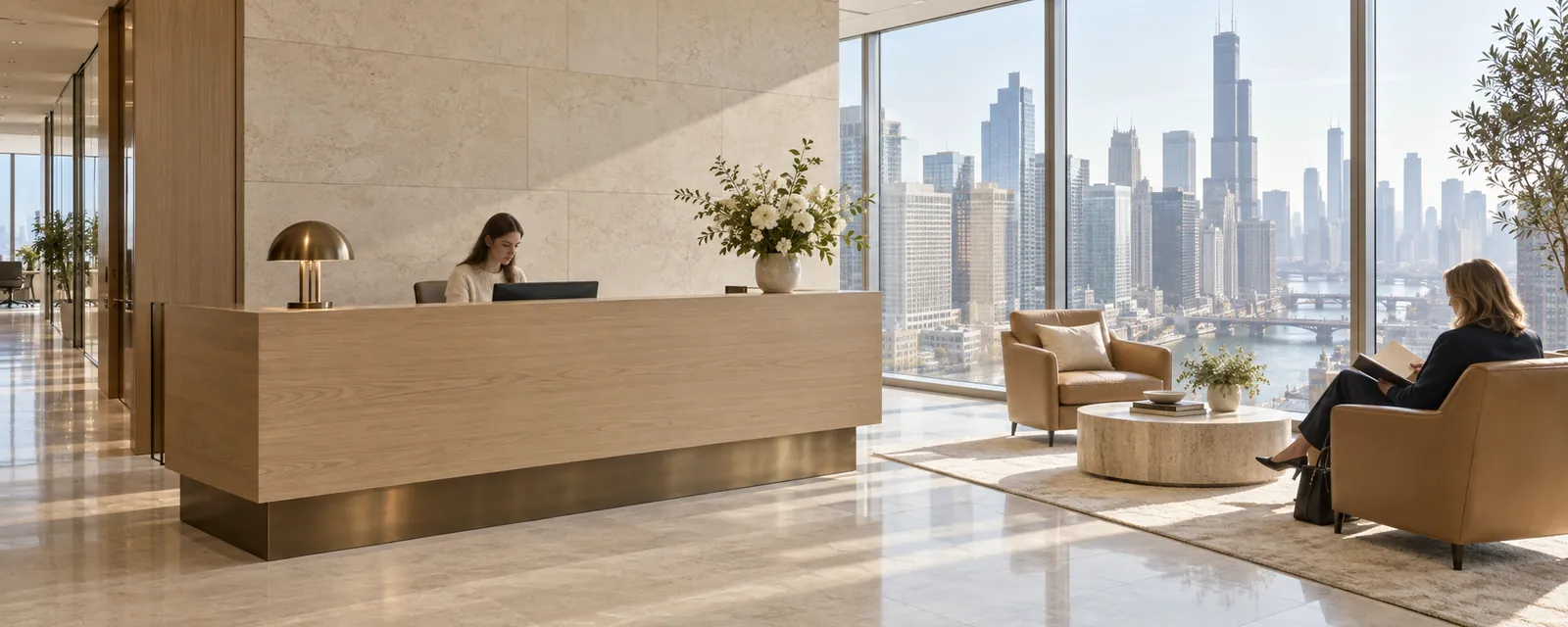 The firm’s bright reception on the 31st floor, an oak desk and camel chairs with the city beyond the windows