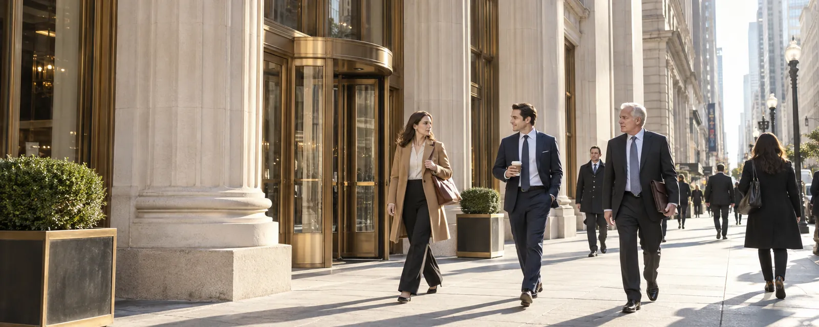 The limestone entrance of 224 South LaSalle Street in morning light, people walking past