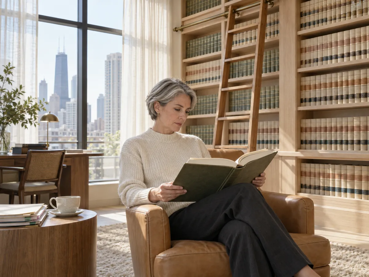 The firm library, oak shelves of bound reports, a lawyer reading at the long table