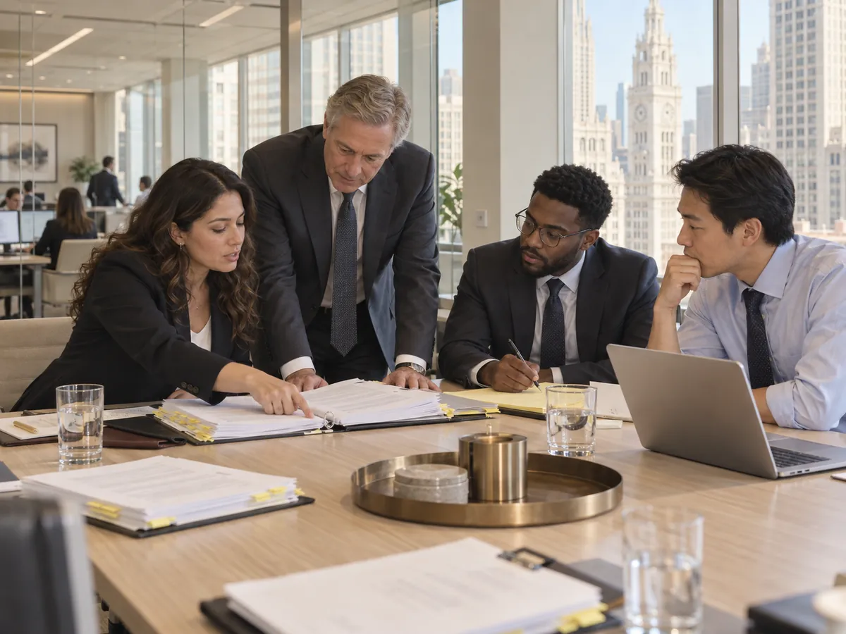 Lawyers working together at a long oak table in a glass meeting room