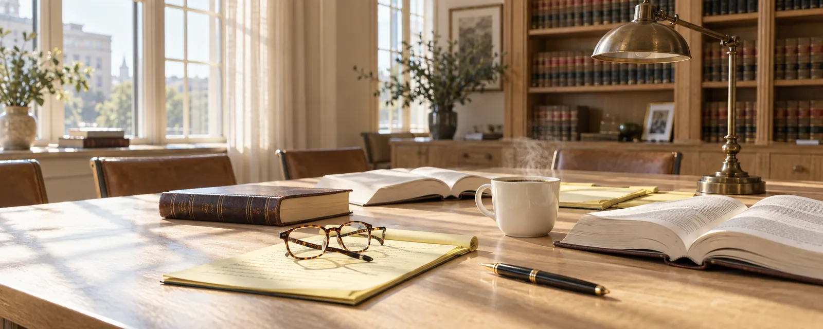 A bright reading table with legal pads, case books and a cup of coffee in morning sun