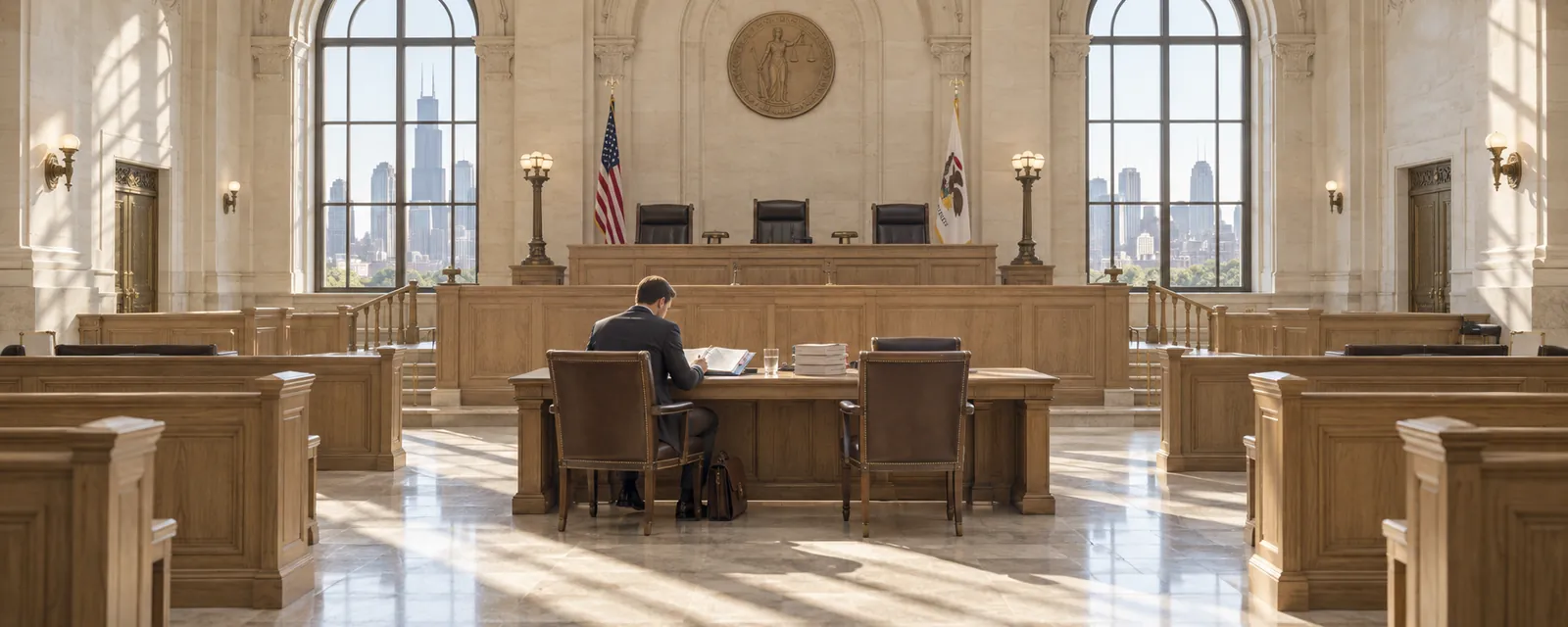 A lawyer addressing the bench in a bright, wood-panelled federal courtroom