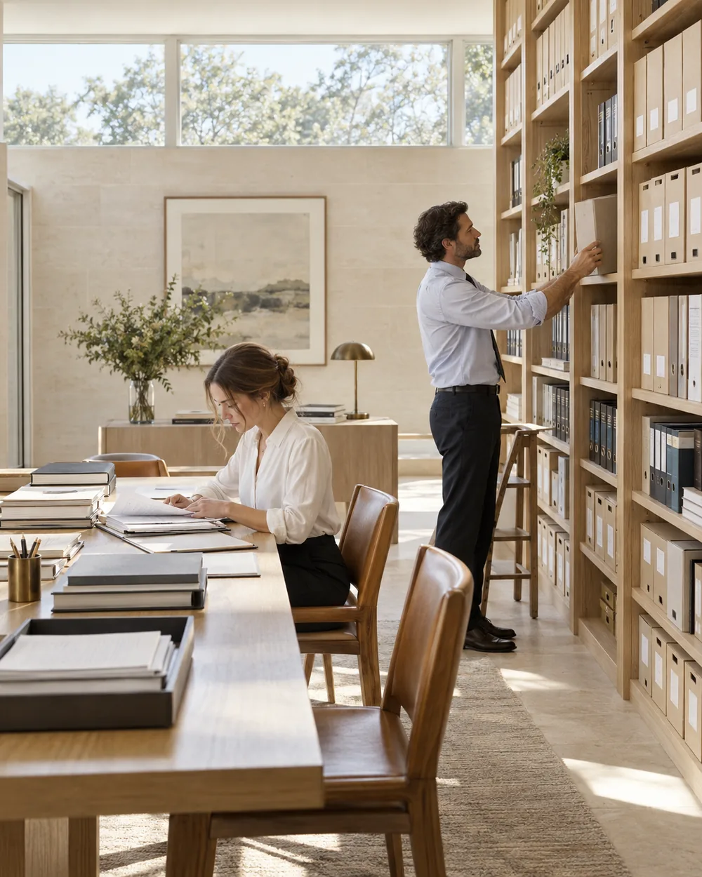 Hands pulling a file from a shelf of archived records