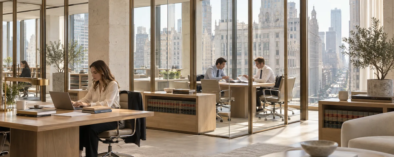 Partners and an associate working through a purchase agreement in a bright conference room above the Chicago River